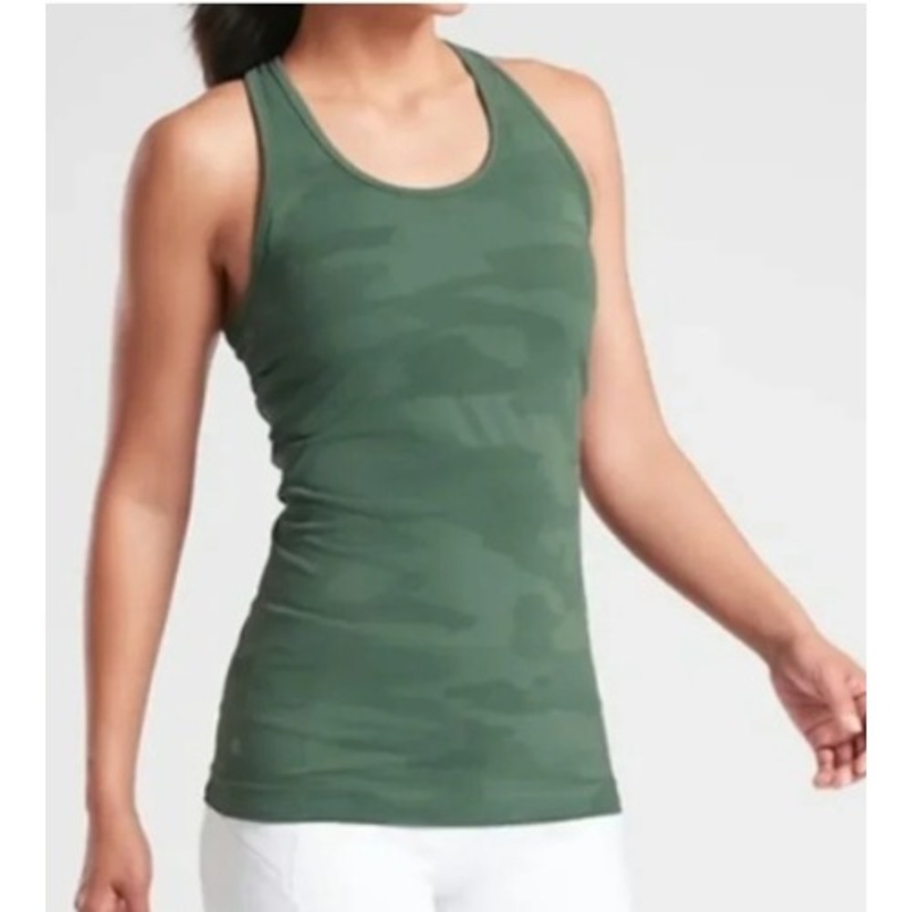 Athleta Womens Speedlight Camo Tank Top L Green Seamless Racerback Athleisure